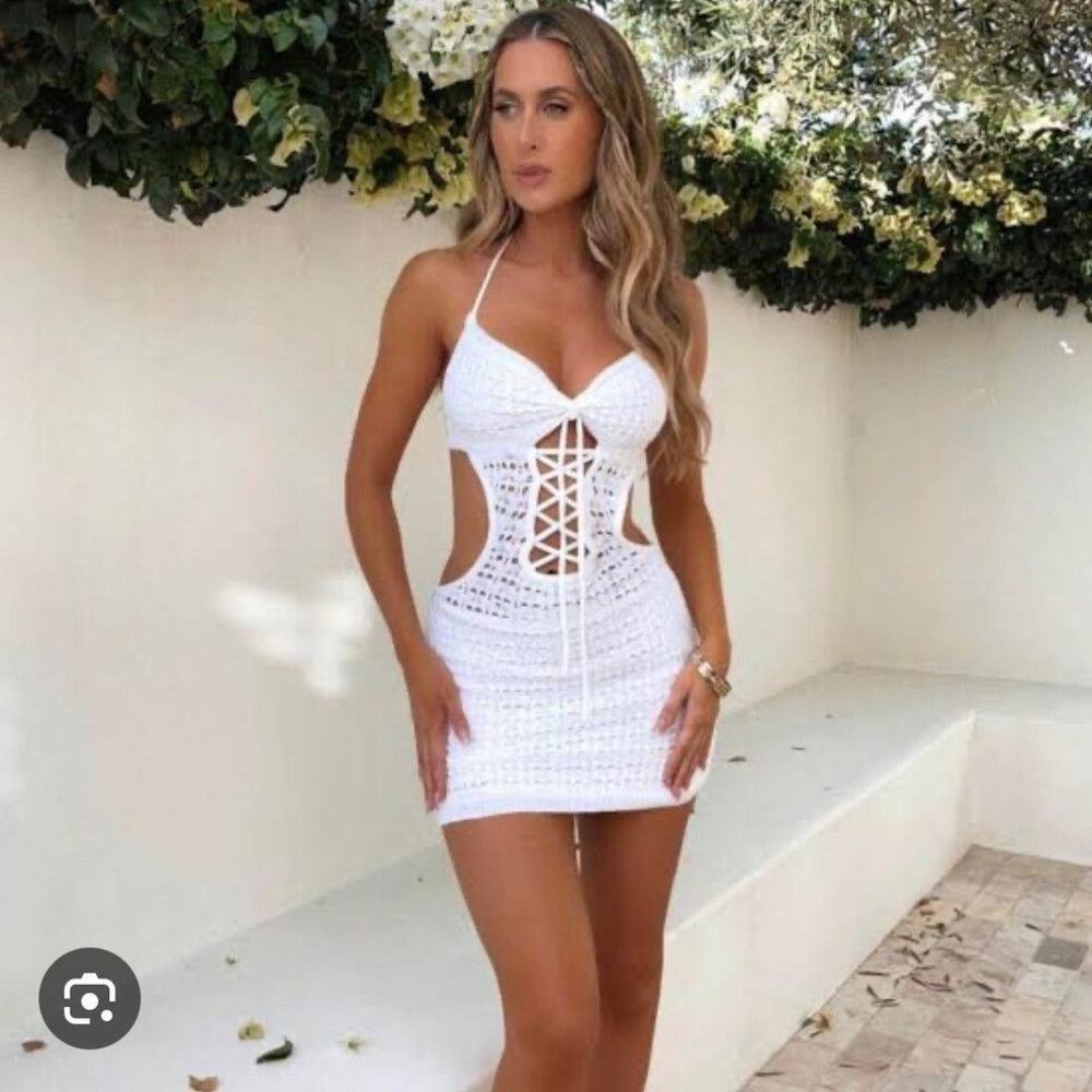 White Crochet Cutout Mini Dress
